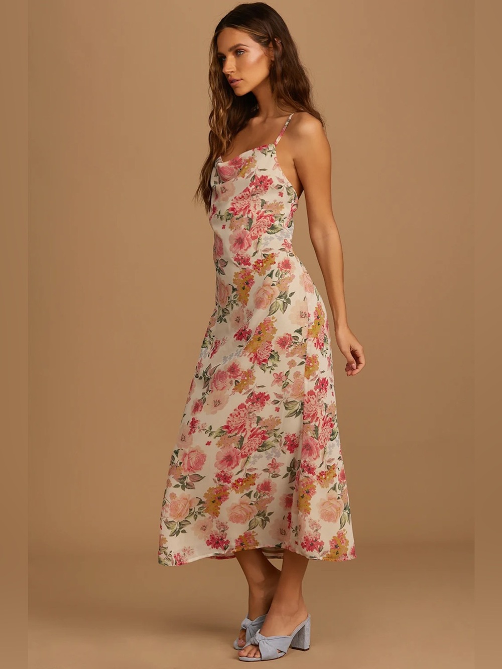 Lulu's Blush Floral Cowl Midi Dress - Picture 4 of 11